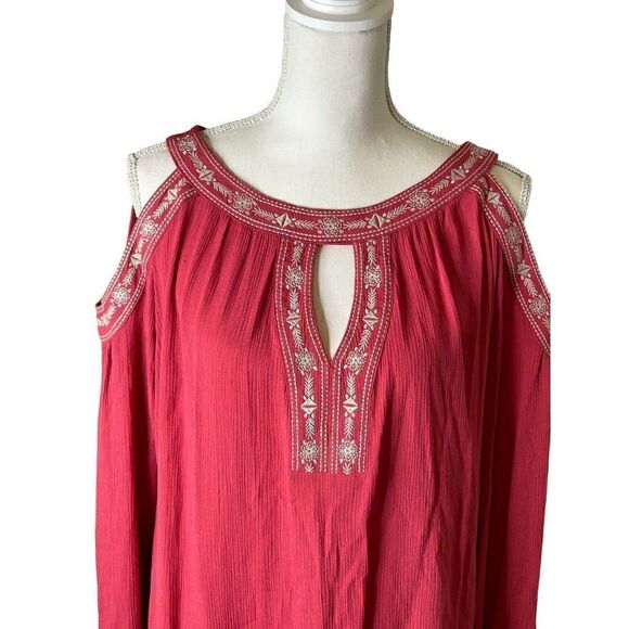 Knox Rose Women’s Cold Shoulder Dark Pink High Low Dress Embroidered Sz L - Picture 2 of 6
